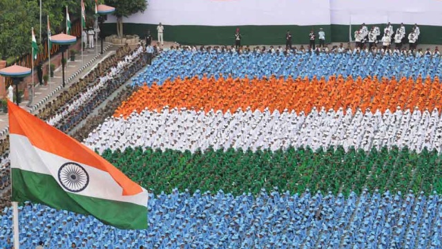 The children in tricolour formation at the Historic Red Fort, on the occasion of Independence Day, in Delhi on 15 August 2017.Image courtesy PIB