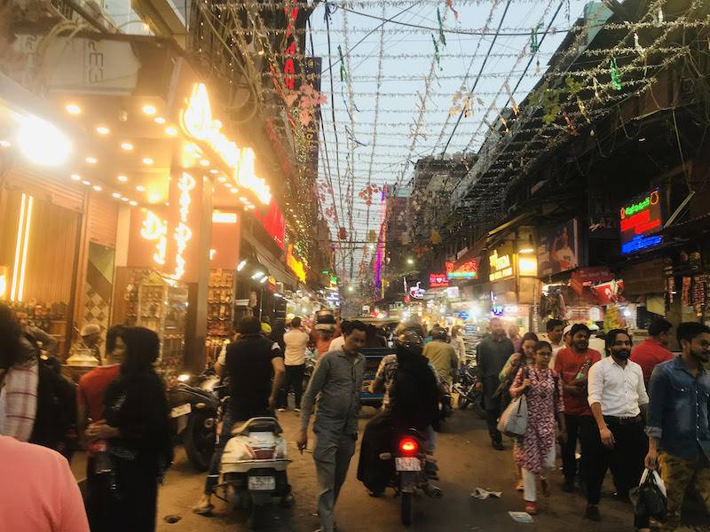 The lane in front of the iconic Jama Masjid decorated with lights, glittery buntings echoing the sound of Ramadan festivity